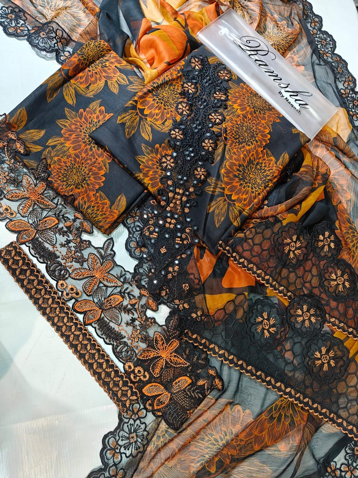 Ramsha Printed Embroidered Lawn 3PC Unstitched Memon Clothes